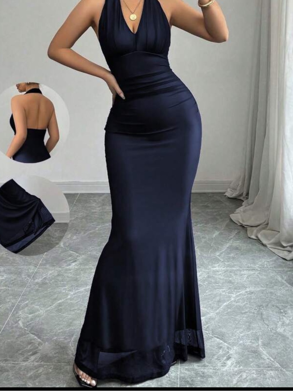 SHEIN Black Halter Ruched Maxi Dress